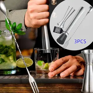 3 Pcs Muddler for Cocktails Set - Bar Muddler Tool with Sturdy Head, Versatile Cocktail Spoon & Jigger, Easy to Use & Clean, Stylish Rust-Resistant Stainless Steel Set - Bar Tools for Drinks Mixing Utensils 3Pcs