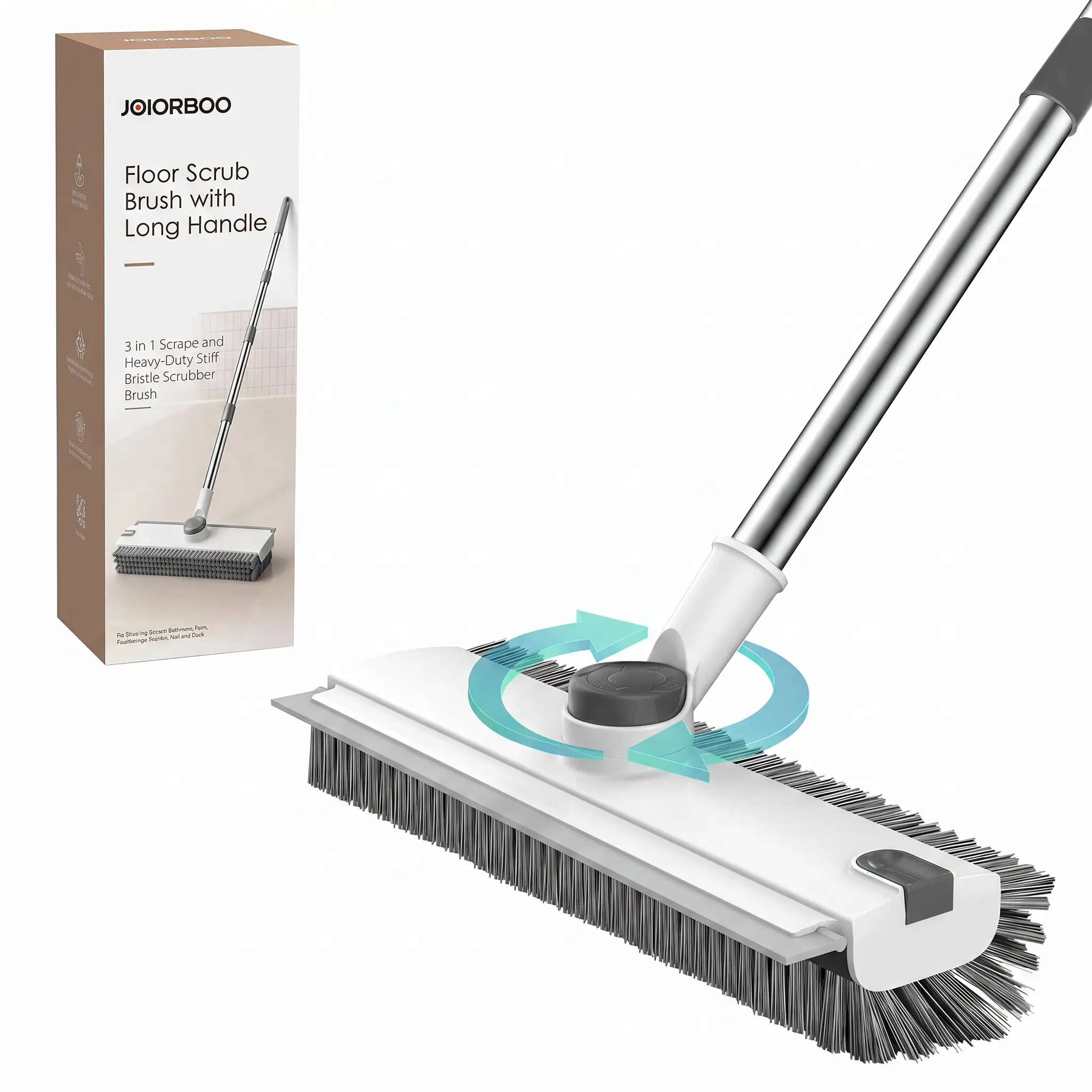 JOIORBOO Durable 3-in-1 Floor Scrub Brush Cleaning Tool with Long Handle - Double-Sided Bristle, Squeegee Scrubber for Bathroom, Kitchen