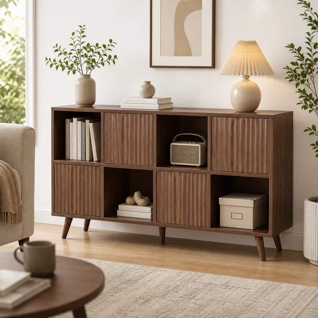 8-Cube Bookcase Storage Organizer with 4 Doors, Freestanding Cube Shelf Cabinet for Books Decor, MDF Wood Shelving Unit for Living Room Bedroom Office, Walnut Finish, 47.24W x 11.81D x 27.44H, Walnut Color Options, MDF Material