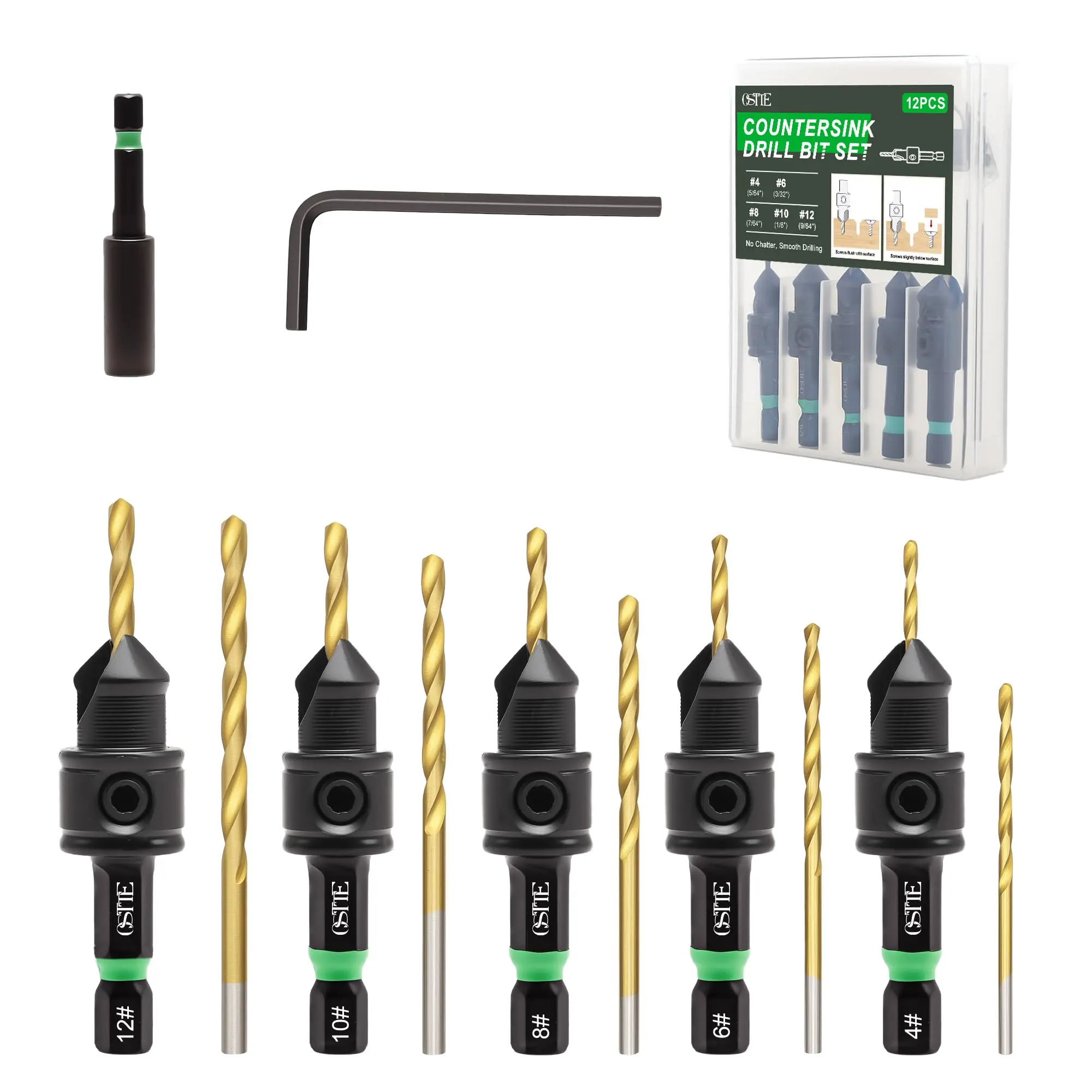 12-PCS Countersink Drill Bit Set, #4#6#8#10#12, 1/4" Hex Shank Counterbore Drill Bits with Magnetic Extension & Hex Key, Adjustable Depth Stop for Wood