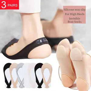 Women's Basic Ice Silk Invisible Boat Socks (3 Pairs, Random Colors) - Thin Half-Palm Suspender Socks with Silicone Non-Slip Design for Summer High Heels