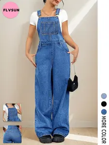 FLVSUN Women's Medium Blue Adjustable Strap Wide Leg Denim Bib Overall Jeans Pants for All Seasons Comfortable & Durable Womenswear