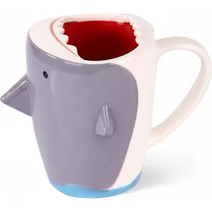 13.5 oz Funny 3D Shark Ceramic Coffee Mug, Cute Gray White Cartoon Handmade Figurine  Cup Novelty Coffee Cup with Handle for Shark Lovers Holiday Birthday Gifts for Women Men Mom Dad