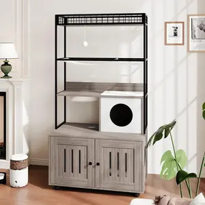 Multi-Functional Cat Litter Box Enclosure with Cat Tree Tower & Hidden Cabinet – All-In-One Cat Furniture with Hammock, Scratching Mat & Sisal Ball Toy, Enclosed Cat House for Privacy & Odor Control