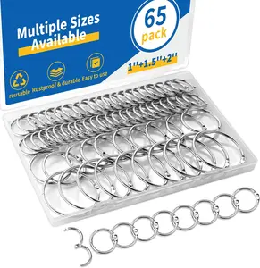 65 count Binder Rings Assorted Sizes (1, 1.5 & 2 inch) - Nickel Plated  Metal Book Rings for Index Cards, Keychains, Loose Leaf Paper, Heavy Duty Binder Clips