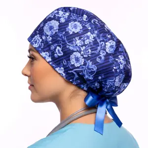 Blue Floral Patterned Scrub Cap with Adjustable Ribbon Tie for Medical Professionals