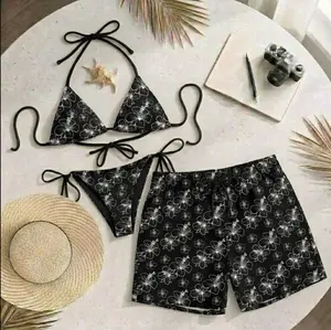 [Hot Summer 2026] - Matching Couple Swimwear Set Black Floral Bikini and Hawaiian Shorts Beach Fit