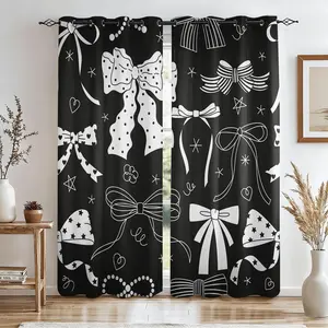 2 Panels Black White Bow Curtains, Coquette Aesthetic Printed Curtains, Cute Bowknot Print Decoration Curtains, Light Blocking Curtains for Teens Girls Bedroom, Treatments for Lovers Room Decor, Window Curtain