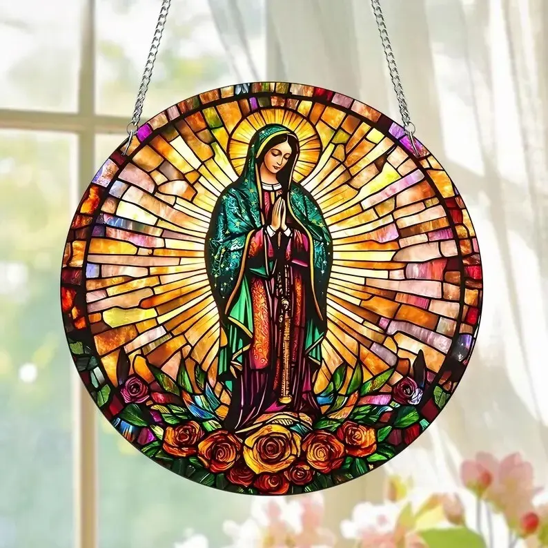 [Made in US] Our Lady of Guadalupe Suncatcher: Virgin Mary Faux Stained Glass Art Suncatcher