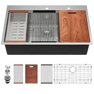 Lordear 36 Drop In Kitchen Sinks Worktation 16 Gauge 36x22 Inch Stainless Steel Single Bowl Ledge Worktation Topmount Overcounter Handmade Kitchen Sink Basin With Cutting Board