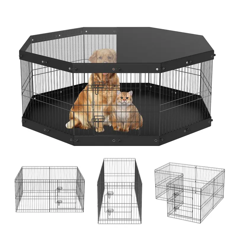 VEVOR Durable Puppy Playpen Enclosure, 8-Panel Foldable Metal Dog Exercise Pen with Mesh Top Cover (Shade & Sun Guard) & Bottom Pad, 24" H Octagon-to-Square Pet Fence Kennel, Indoor/Outdoor for Small/Medium Pets, Tool-Free Flat Fold