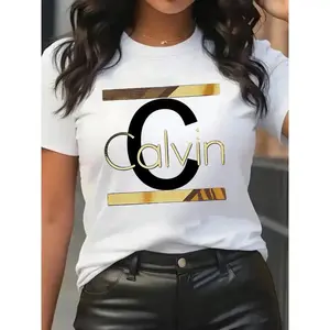 Women's casual short-sleeve round-neck T-shirt, eye-catching Calvin pattern print, geometric letter design, olive green