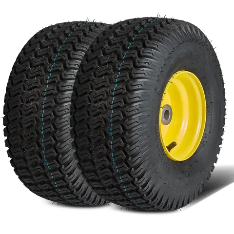 【toolupgrade】VEVOR 2-Pack 15x6-6 Inches Rubber Tubeless Lawn Mower Tire Assembly with Rim, 3" Offset Hub, 3/4-Inch Bushing, 16 Additional Fittings, High Load Cap., Diameter-Specific for Riding Mowers & Lawn Tractors