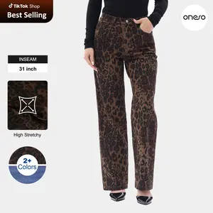 High-Mid Rise Relaxed Straight High Stretchy Pants Leopard Print Design Comfortable Fabric Womeswear Bottoms Pants