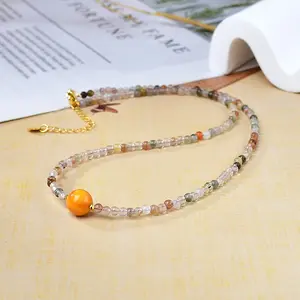 Natural Rabbit Hair Quartz & Amber Beaded Necklace, Wealth & Good Luck Healing Crystal Choker, Handmade Statement Necklace for Women