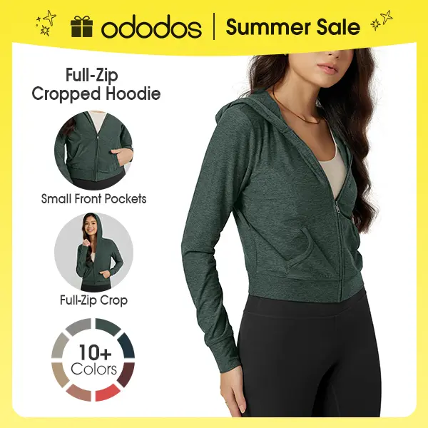 ODODOS Women's Full-Zip Cropped Hoodie - odSTRATUM Tech Ultra Soft UPF 50+ Hooded Jacket with Pockets