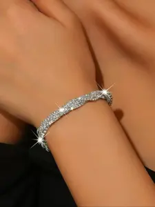 Women's Sparkling Water Diamond Bracelet, Elegant Party Style Adjustable Elastic Bangle, 5 Layer Glittering Jewelry Accessory