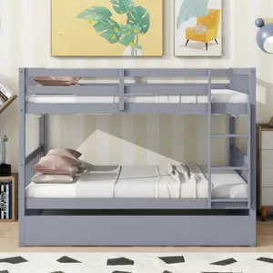 Full Over Full Rubber Wood Bunk Bed with Trundle, Ladder and Guardrails, Convertible to 2 Full Size Beds, with Twin Size Trundle，The package will be shipped in two separate parcels ,