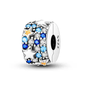 MULA 925 Sterling Silver Starry Night Clip Charm | Starry Galaxy Beads with Sparkling Zirconia and Enamel | Safety Bracelet Spacer | Fits Pandora Bracelets and Necklaces | Cosmic Gift for Women and Girls