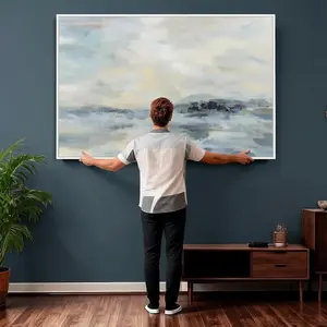 [Sale off up to 50%] [Free ship] [No Frame] Abstract Coastal Landscape Wall Art Canvas Print – Soft Blue Gray Minimalist Painting Print
