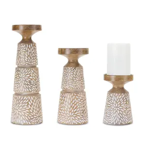 HomeRoots 634834 Brown & White Distressed Floral Resin Tabletop Pillar Candle Holder - Set of 3