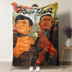 Rush Hour Movie Trilogy Throw Blanket, Jackie Chan & Chris Tucker Fleece Blanket, Classic Action Comedy Movie Poster Art, Soft Cozy Bedding Gift for Fans