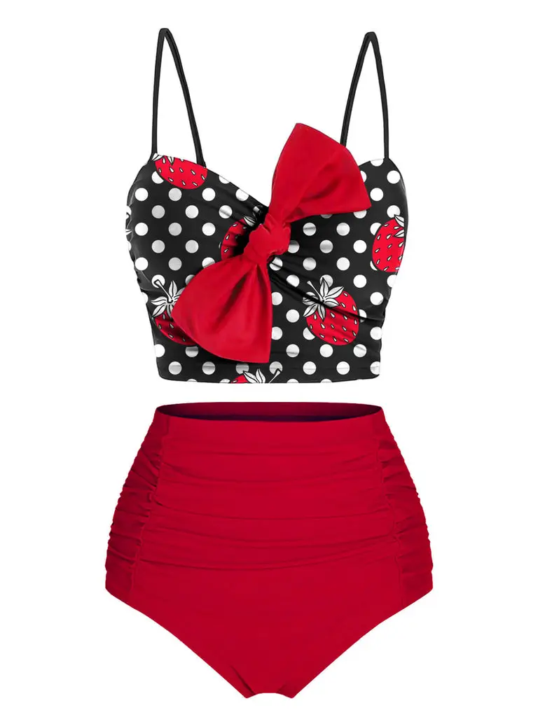 RETROSTAGE Women's 1950s Polka Dot Bikini Set, High-Waisted 2-Piece Retro Swimsuit with Tummy Control, Crop Top and Bow Accent for Beach Use