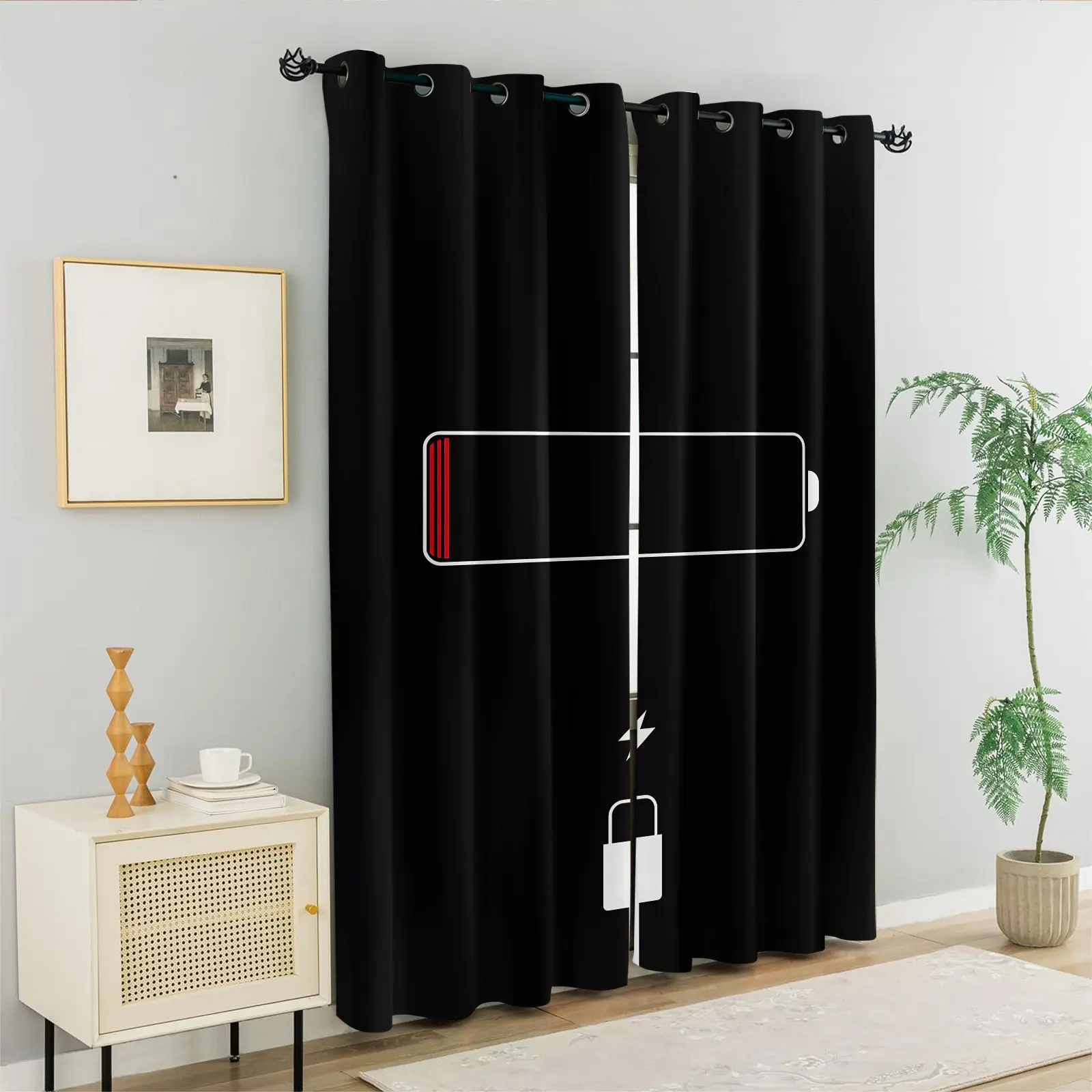 Low Battery Charging Print Curtains 2 Panels, 80%-90% Light Blocking Darkening Curtains, Tech-inspired Printed Curtains, Novelty Electronic Decoration style Curtains for Teens & Gamers Bedroom