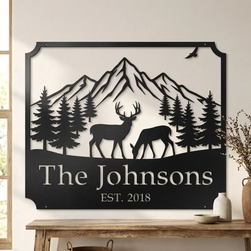 Personalized Family Deer & Mountain Metal Sign – Custom Last Name Cabin, Lodge & Outdoor Wall Decor