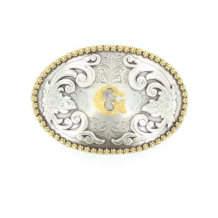 Nocona Belt Co Unisex Metal Oval Belt Buckle - Men's Accessories, Gold "G" Accent, Silver Floral Etching