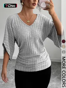 Women's 1pc Solid Color Ribbed Batwing Sleeve V-Neck Tee, Soft Stretchy Knit Fabric, Relaxed Silhouette and Curved Hem Detail Batwing Top, Spring