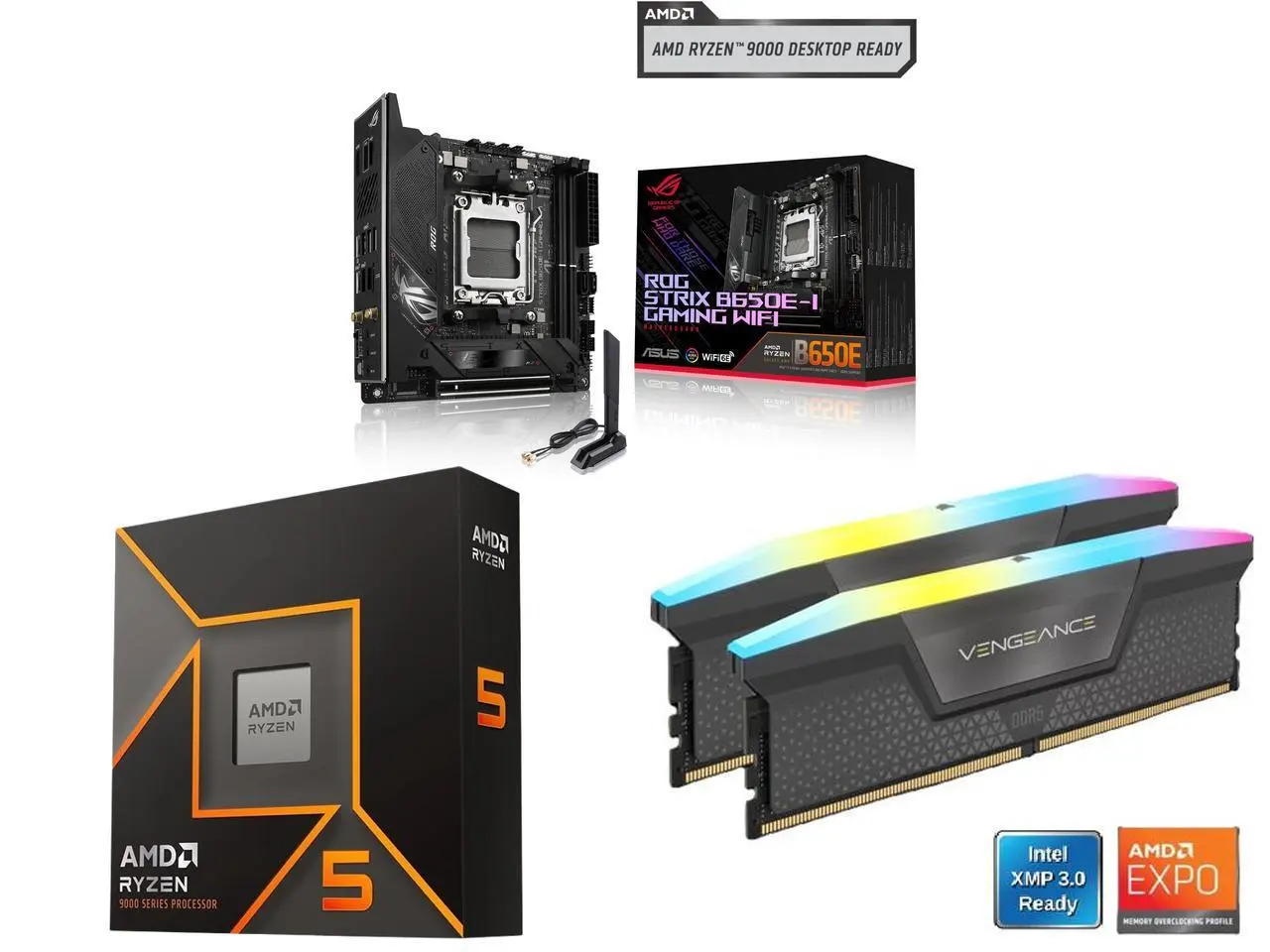 Motherboard CPU Memory Combo -  ASUS ROG STRIX B650E-I GAMING WIFI Bundle with  AMD Ryzen 5 9600X  and Corsair CMH16GX5M2N6000Z36