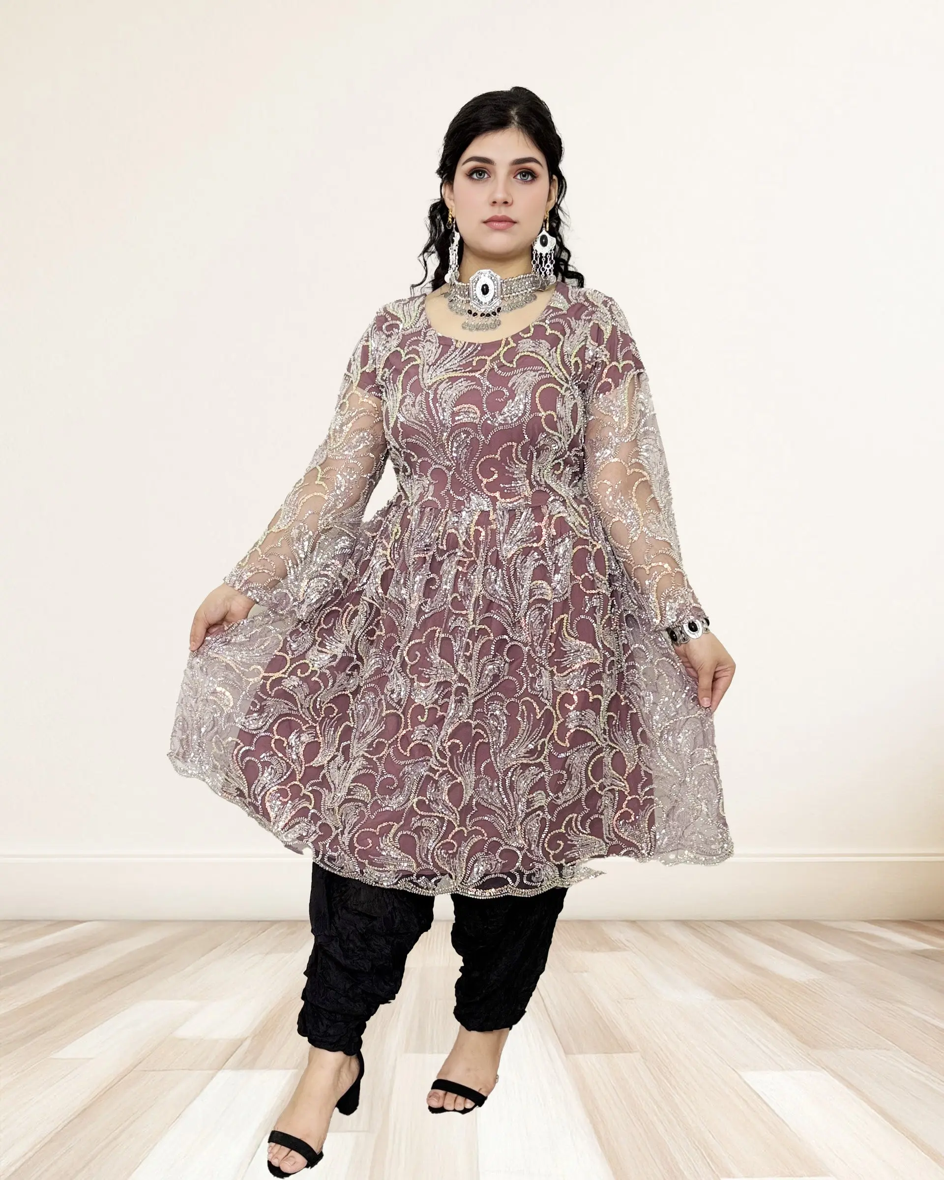 Women's Formal Plum Mauve Satin Fabric Anarkali Dress - Silver Sequin Embroidery, Shimmer Finish