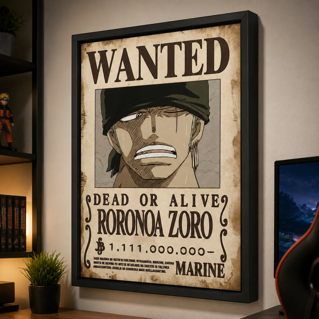 One Piece Roronoa Zoro Wanted Vintage Poster, Retro Distressed Bounty Canvas Wall Art, Anime Wanted Dead Or Alive Print, Antique Marine Wanted Paper Decor, Manga Artwork For Bedroom Dorm Man Cave Anime Room Unframed Wall Art Print