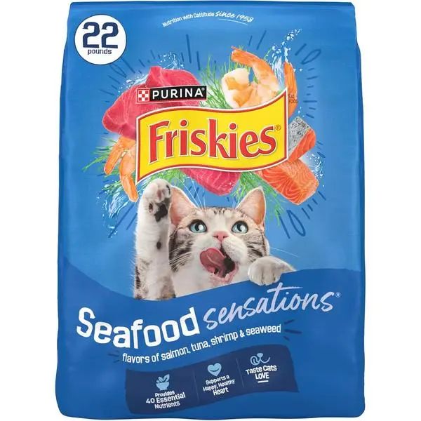 Friskies Dry Cat Food Seafood Sensations – Salmon, Tuna & Shrimp Flavor Cat Kibble (22 lb Bag)
