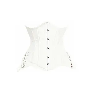Top Drawer White Satin Double Steel Boned Curvy Cut Waist Cincher Corset w/Lace-Up Sides