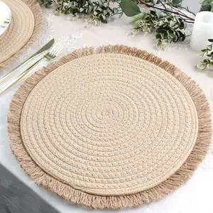 4-Pack Burlap Jute Placemats 15" Round Fringed Edge Design Natural Rustic - Farmhouse Table Mats with Trim
