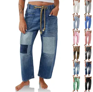 Fessceruna Womens Baggy Barrel Horseshoe Jeans Wide Leg Patchwork Low Rise Denim Pants with Pockets