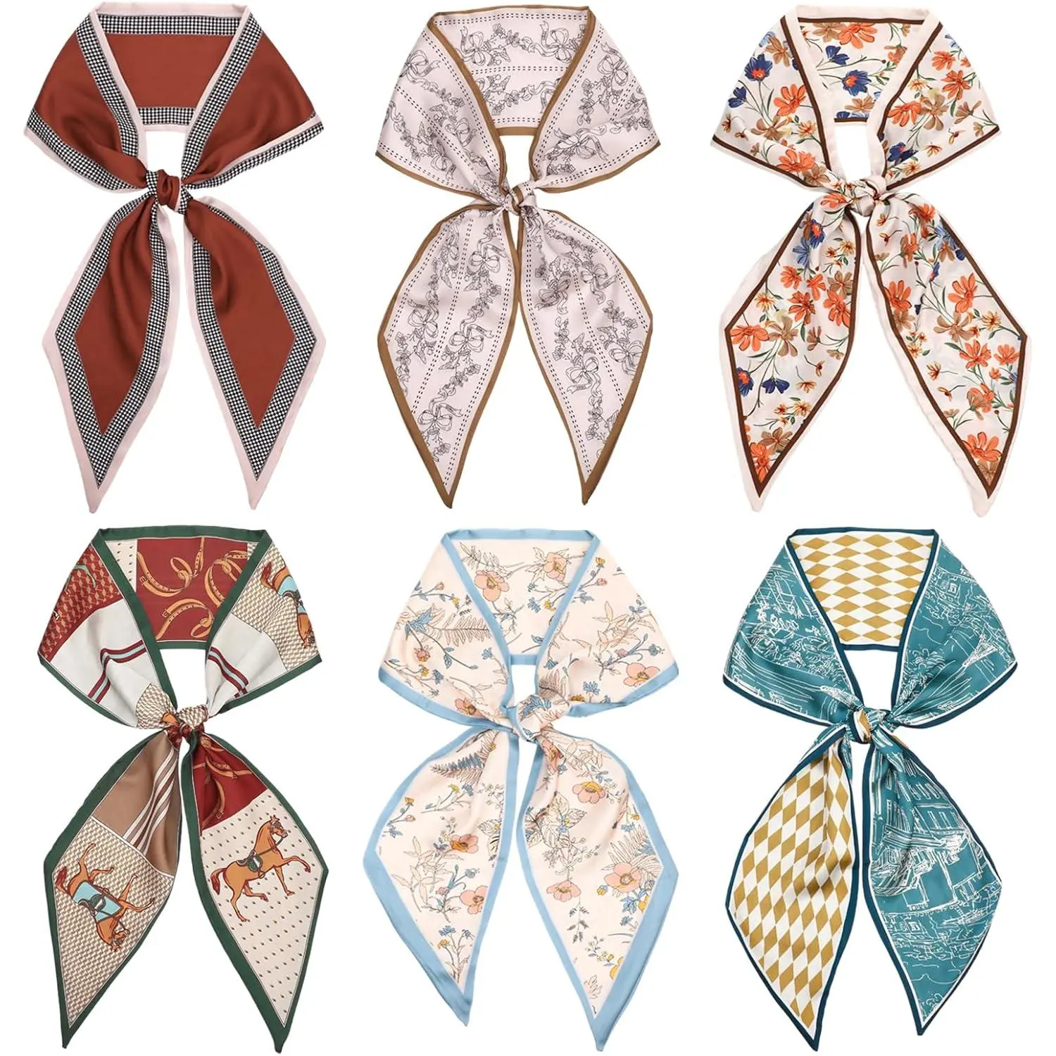Women's 6-Pcs Silky Long Thin Satin Fashion Hair Scarves, Floral Print Scarf for Hair, Neck, Handbags & Purses, Accessories