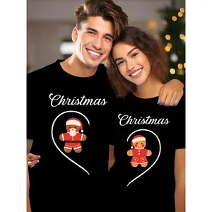 Christmas Couple Print Short-Sleeve T-Shirt for Men & Women, Festive Gingerbread Heart Design, Round Neck Casual Summer Tee, Perfect Holiday Gift, Festive Gift Apparel | Casual Round Neck ,Separate purchase for men and women
