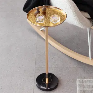 Gold adjustable height marble base side table for couch arm holds wine glass with tray top no sliding off