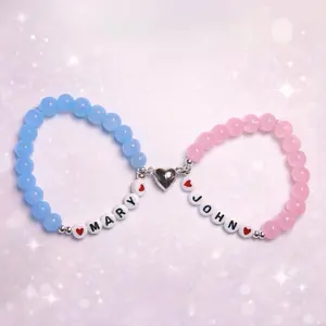 Personalized Customize Name Couples Matching Bracelets with Matching Magnetic Hearts
