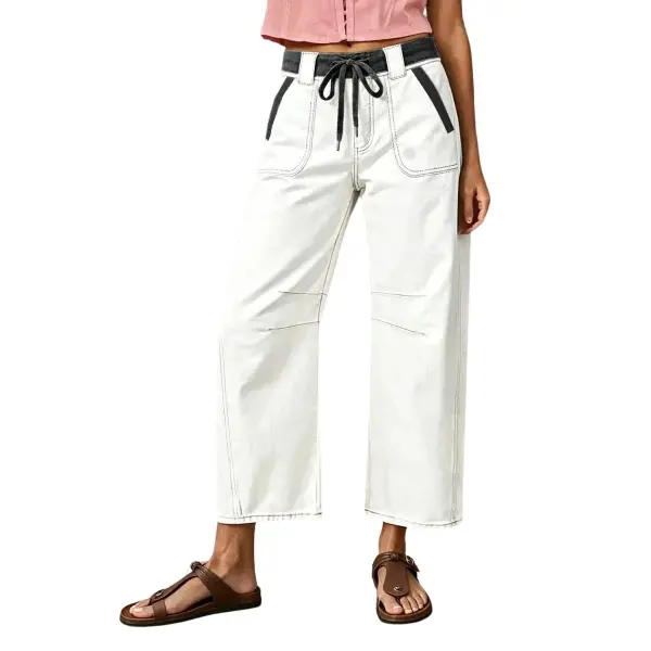 Flamingals Contrast Binding Drawstring Mid Waist Barrel Leg Crop Pants Womenswear Stretchy 24.6" Inseam