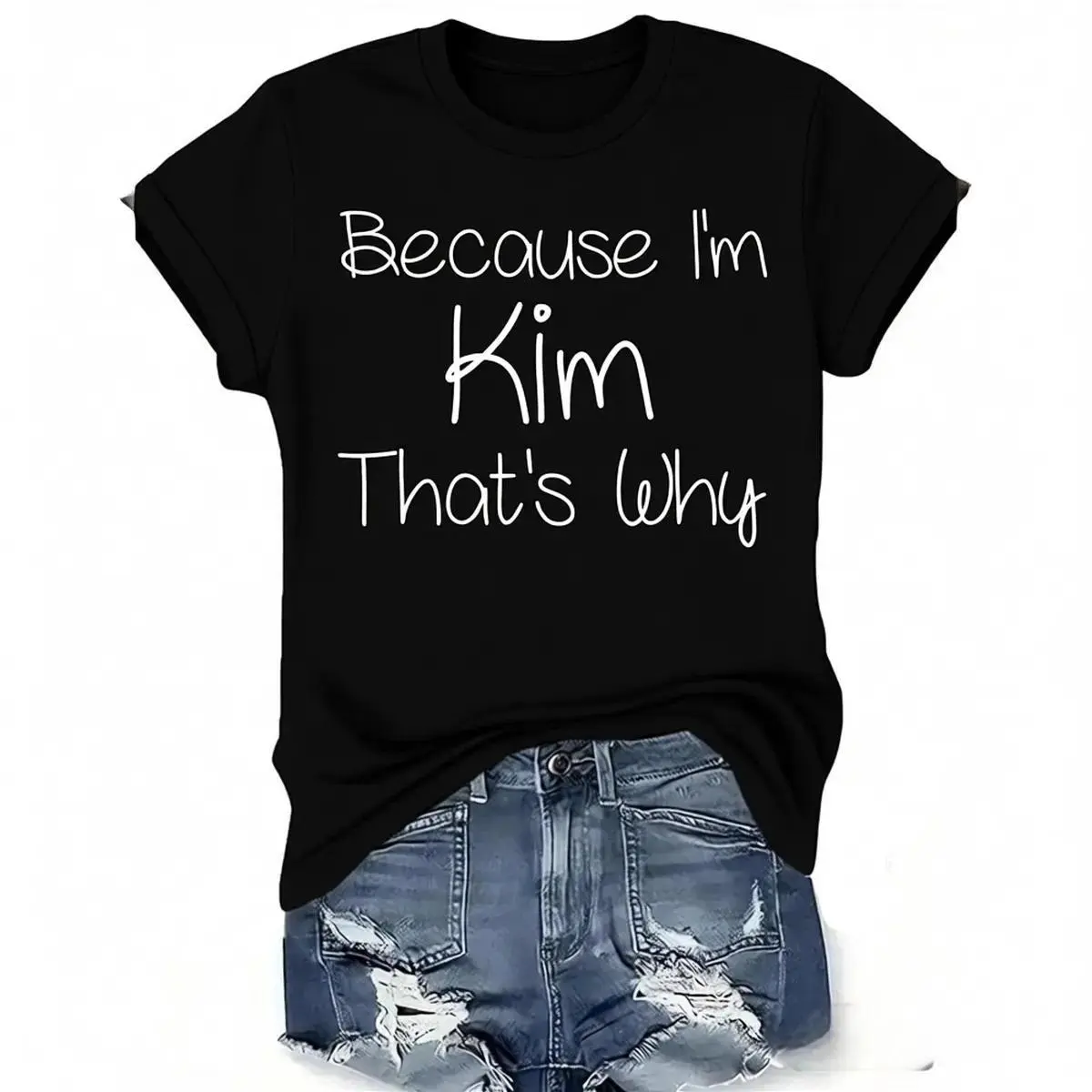 1pc Women'S Casual Crew Neck T-Shirt with Geometric-Pattern Knit Polyester, Regular Length, All-Season Comfort - "Because I'm Kim That'S Why" Graphic Tee