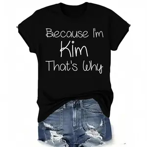 1pc Women'S Casual Crew Neck T-Shirt with Geometric-Pattern Knit Polyester, Regular Length, All-Season Comfort - "Because I'm Kim That'S Why" Graphic Tee