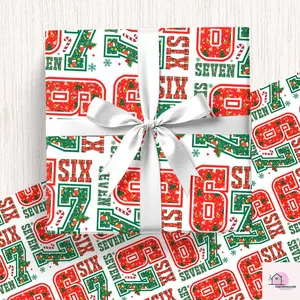 67 Holiday Wrapping Paper Retro Pop Christmas Gift Wrap, Trendy Red Green Festive Print