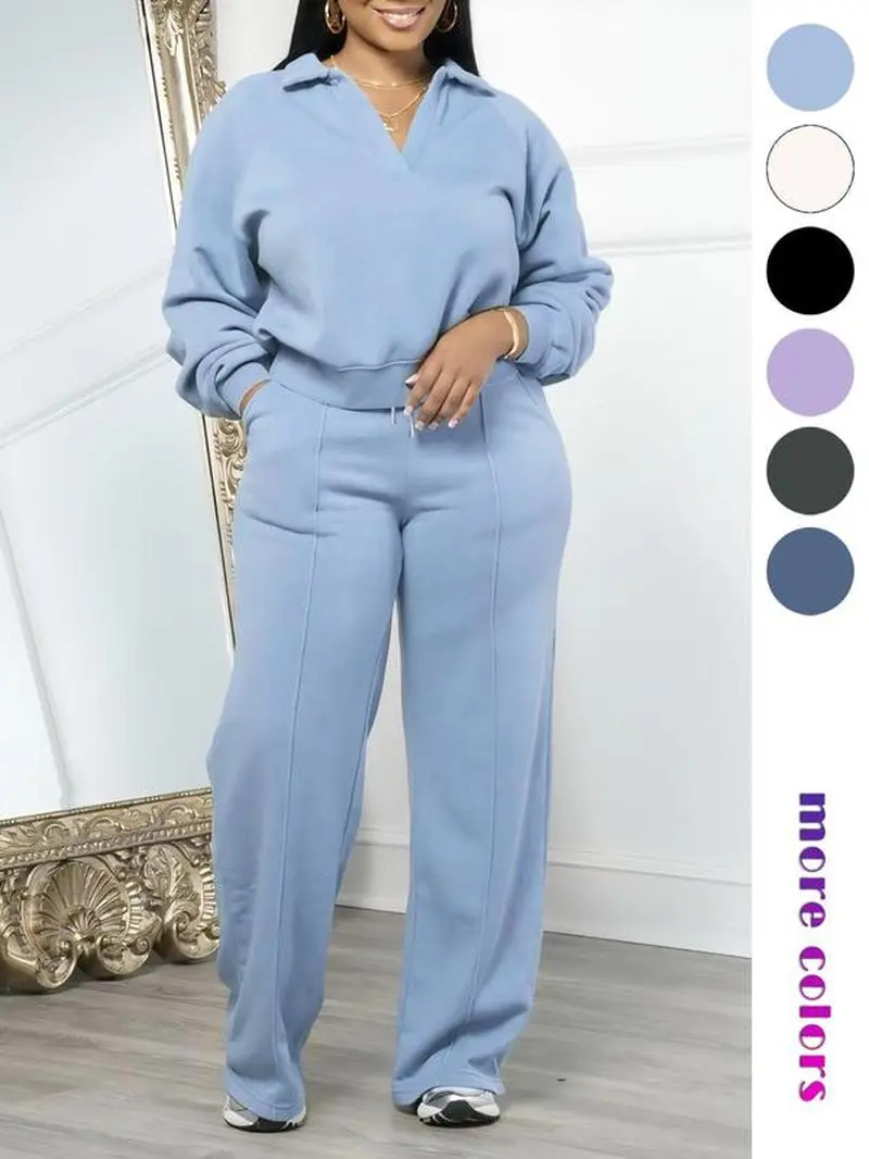 Women's Solid Long Sleeve Sweatshirt & Drawstring Waist Pants Set Casual Fashion Cozy Two-Piece Outfits for Daily Outdoor Wear Slim-Fit Autumn Wear
