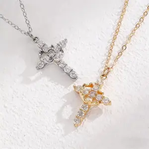 Rotatable full-diamond crown cross necklace, a stylish and personalized jewelry piece crafted with 14K gold-plated, silver-plated and rose gold-plated finishes. A faith-themed accessory, it is an excellent gift for decorating daily and party outfits.