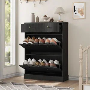 YJ-Garvee Shoe Cabinet with 2 Flip Drawers and 1 Top Drawer, Large Fluted Storage Cabinet with Adjustable and Removable Shelves, Freestanding Narrow Shoe Organizer in Black, Walnut, and Natural Oak for Entryway and Hallway