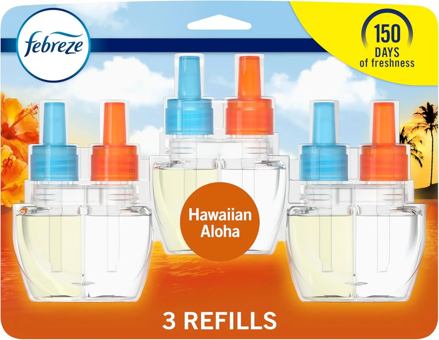 Febreze Odor-Fighting Hawaiian Aloha Scented Oil Refills, 3-Pack 0.87oz Aroma Air Fresheners, Long-Lasting Fragrances for Bathroom & Kitchen, USA-Made Home Care Supplies